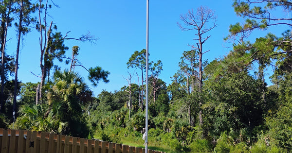 KQ4DEP's 24-foot Greyline DX Flagpole antenna standing in Southwest Florida after his one-man tilt-base install