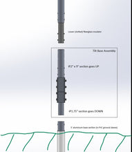 Load image into Gallery viewer, Tilt Assembly: Greyline Tilt-Up Base schematic drawing showing the pivot plates, 3/8-16 pivot bolts, base tube, and how the antenna lowers and raises