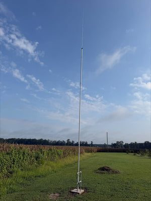 K1LDO's Skyline 33 configuration in eastern North Carolina: Greyline DX Vertical topped with the 9 ft DX Whip on the Tilt-Up Base, raised by one person