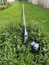 Load image into Gallery viewer, N3EQF 24 ft DX Flagpole antenna lowered horizontally on the Greyline Tilt-Up Base for storm prep and maintenance