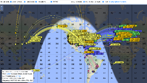 Map showing global contacts made by AF1RO with a Greyline flagpole antenna
